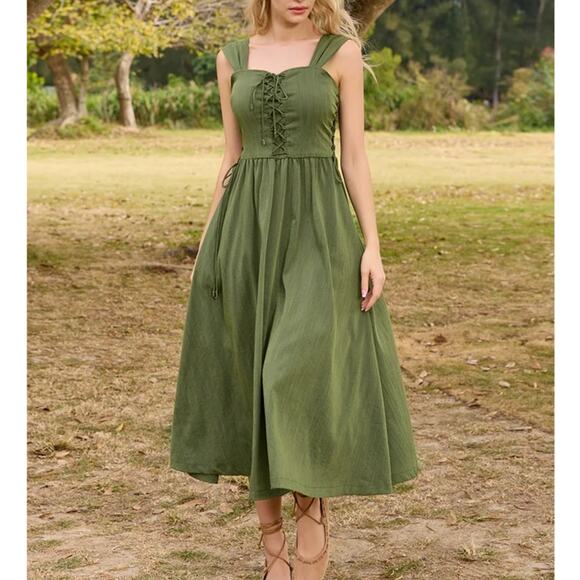 SCARLET DARKNESS Renaissance Strap Cottagecore Midi Dress Olive Green Sz S {C14} - Picture 1 of 7